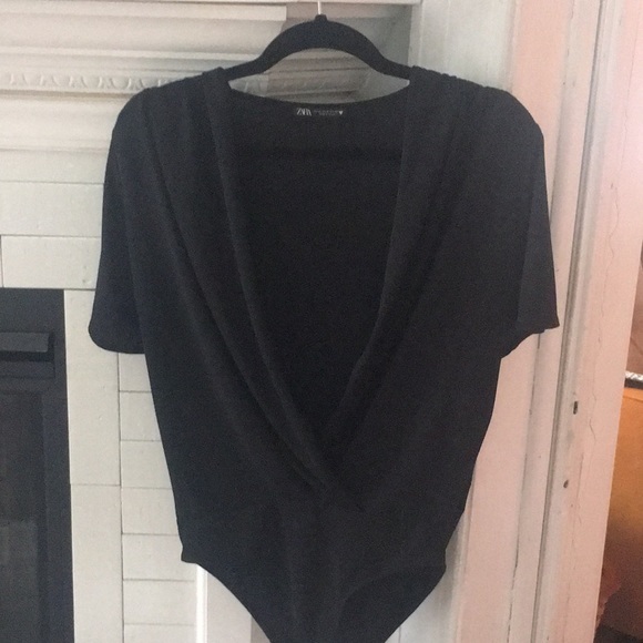 ZARA black deep v-neck short flutter sleeves leotard - Picture 6 of 7